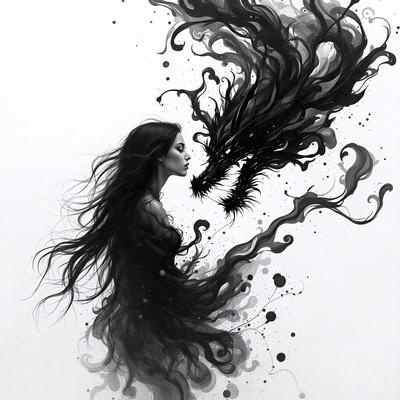 The primary subject of the image is a woman with long hair, who is kissing a dragon. The setting is a white background, and the visual style is a black and white drawing. The woman's hair is depicted in a flowing manner, and the dragon has a menacing appearance. The overall atmosphere of the image is dramatic and captivating.